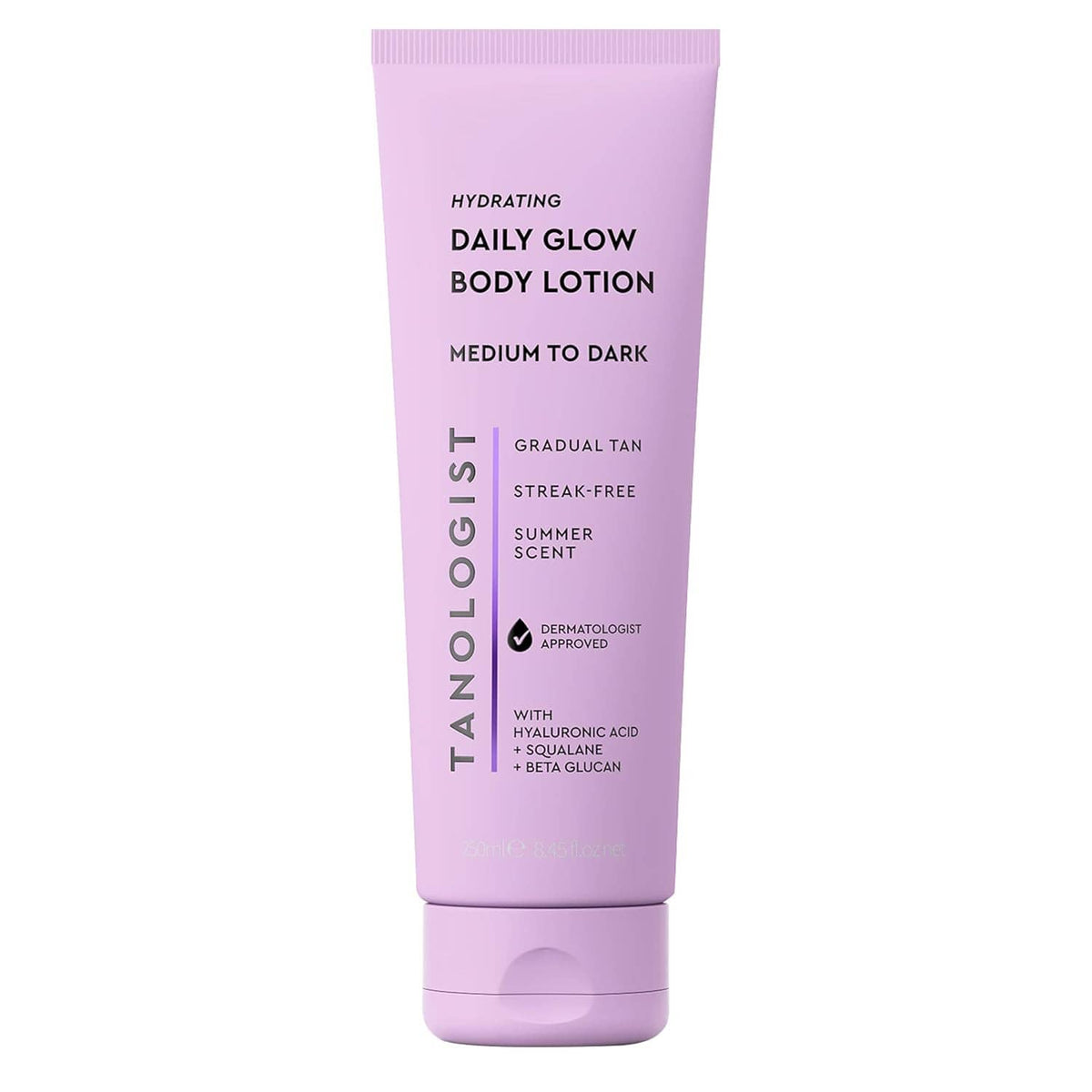 Lavender body lotion tube, medium to dark tone; front label view