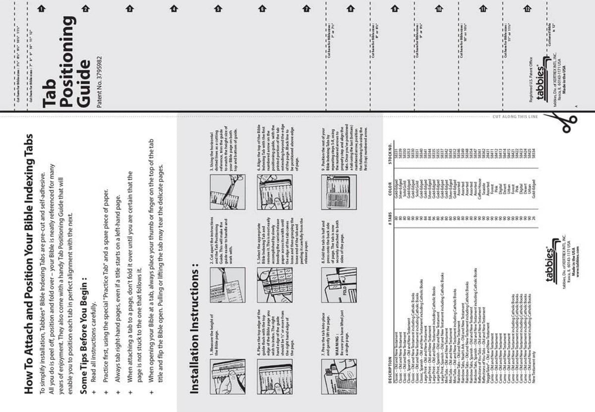 Bible indexing tabs positioning guide sheet with instruction diagrams