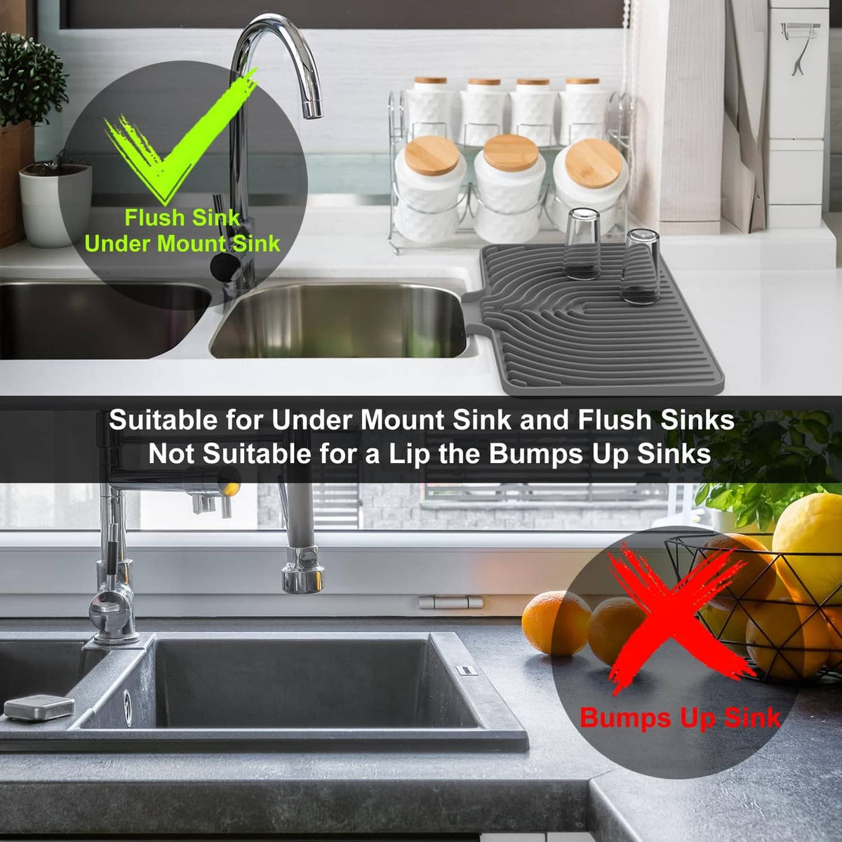 Gray dish drying mat placed near a kitchen sink, designed for under-mount use