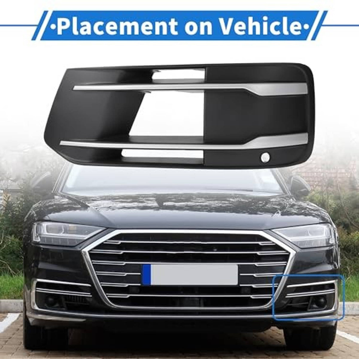 Black fog light grill cover with chrome trim bars and round mounting hole
