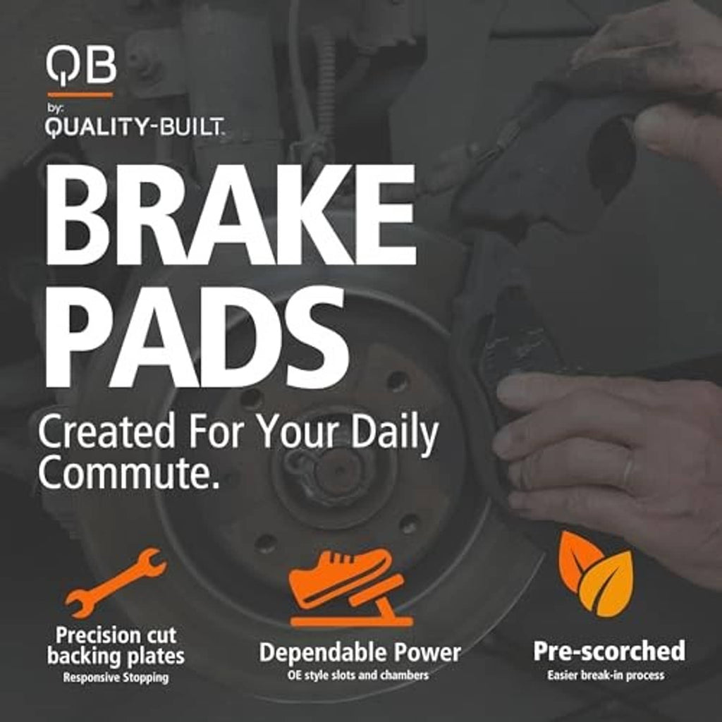 Brake pads branding graphic with dark brake rotor and hand holding a pad