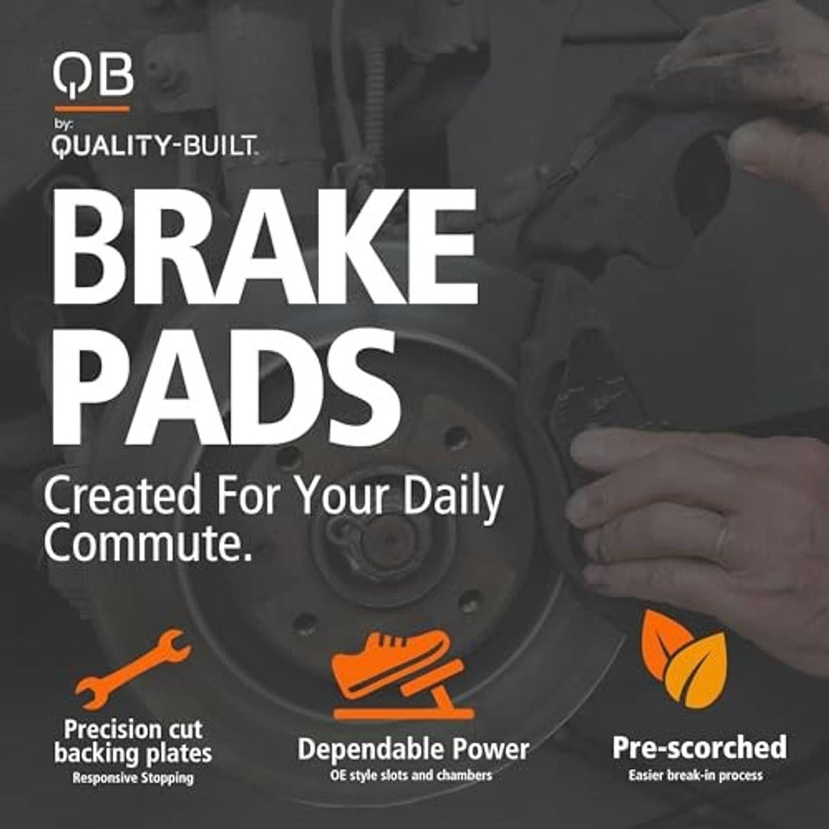 Brake pads branding graphic with dark brake rotor and hand holding a pad