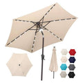 Beige patio market umbrella with center pole LED string lights and tilt support.