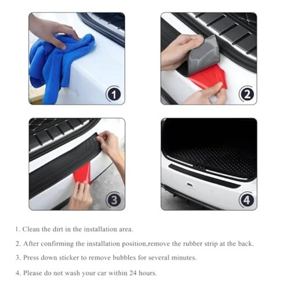 Black rear bumper protector guard in installation step photos on a car.