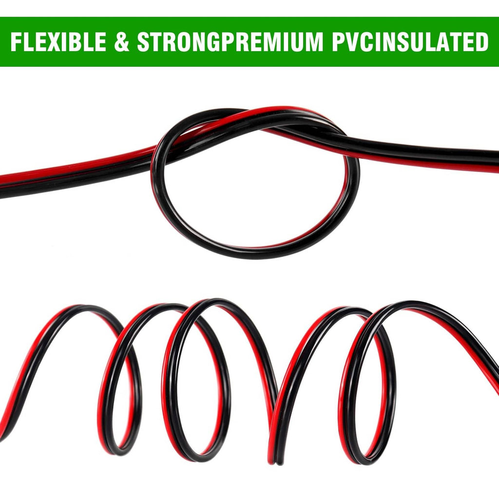 Red and black 16 AWG 2-conductor PVC-insulated wire loops, flexible jacket
