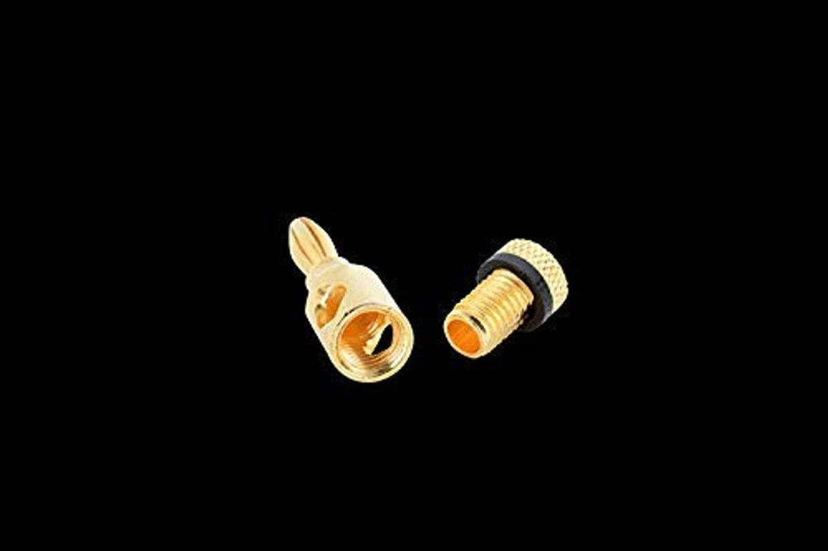 Gold-plated banana plug pair with threaded barrel and black insulating ring
