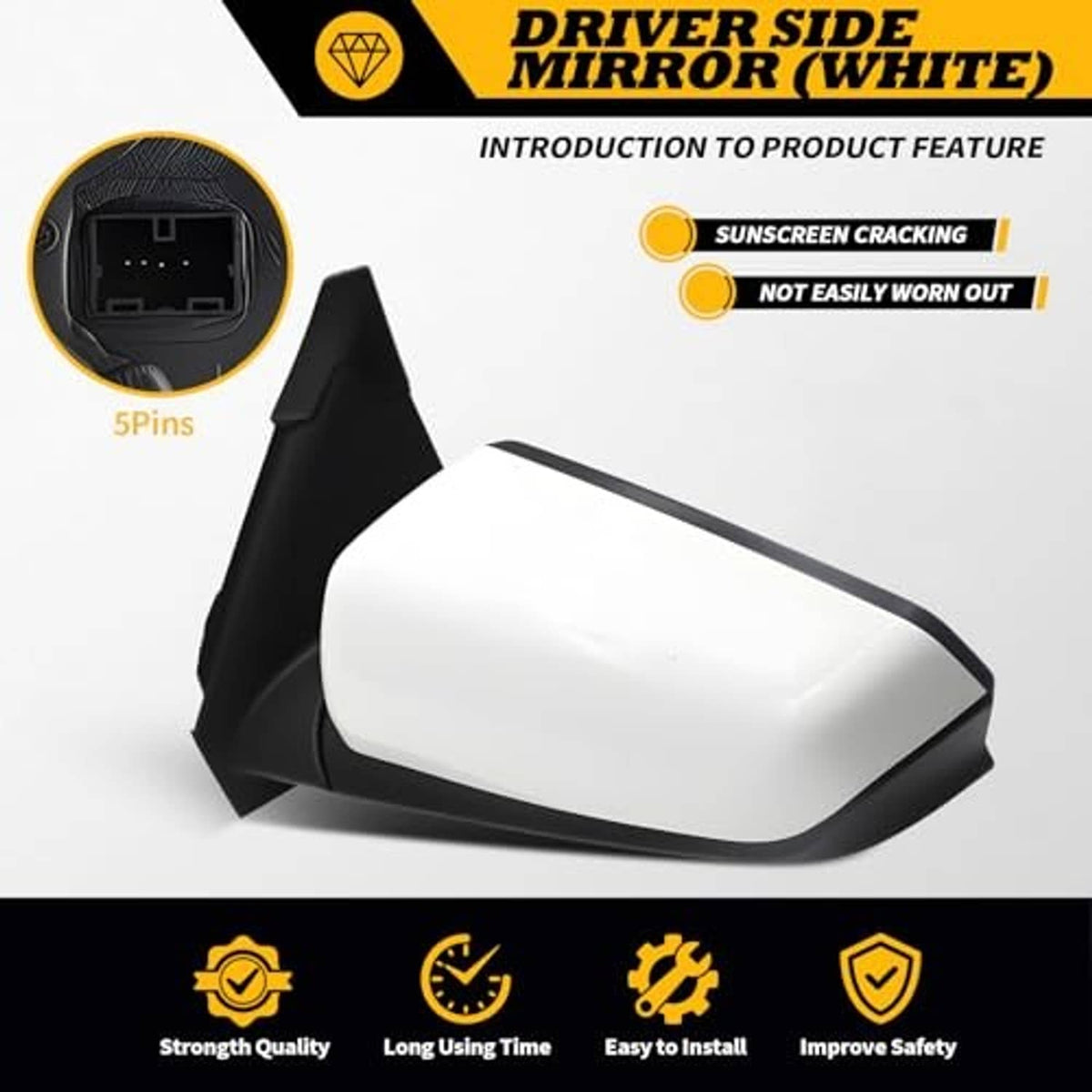 White mirror cap with black base and left driver side mirror glass