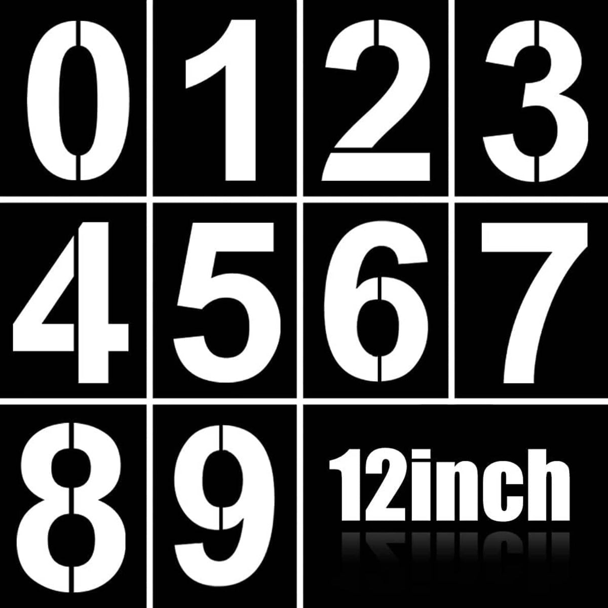 12-inch large number stencil sheets with bold white digits 0 through 9