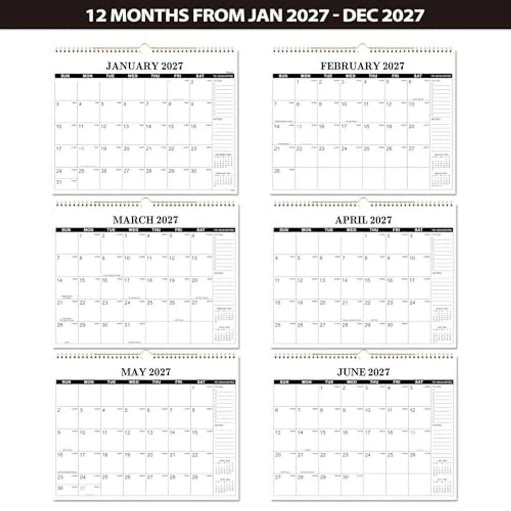 12-month wall calendar showing monthly grids from January through June 2027