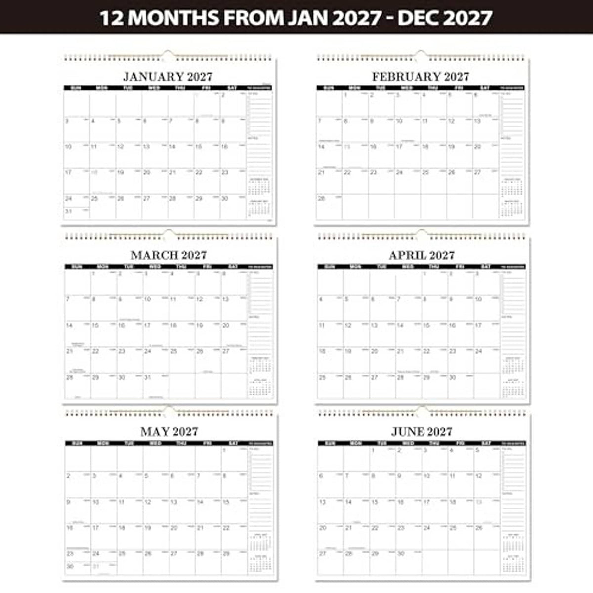12-month wall calendar showing monthly grids from January through June 2027