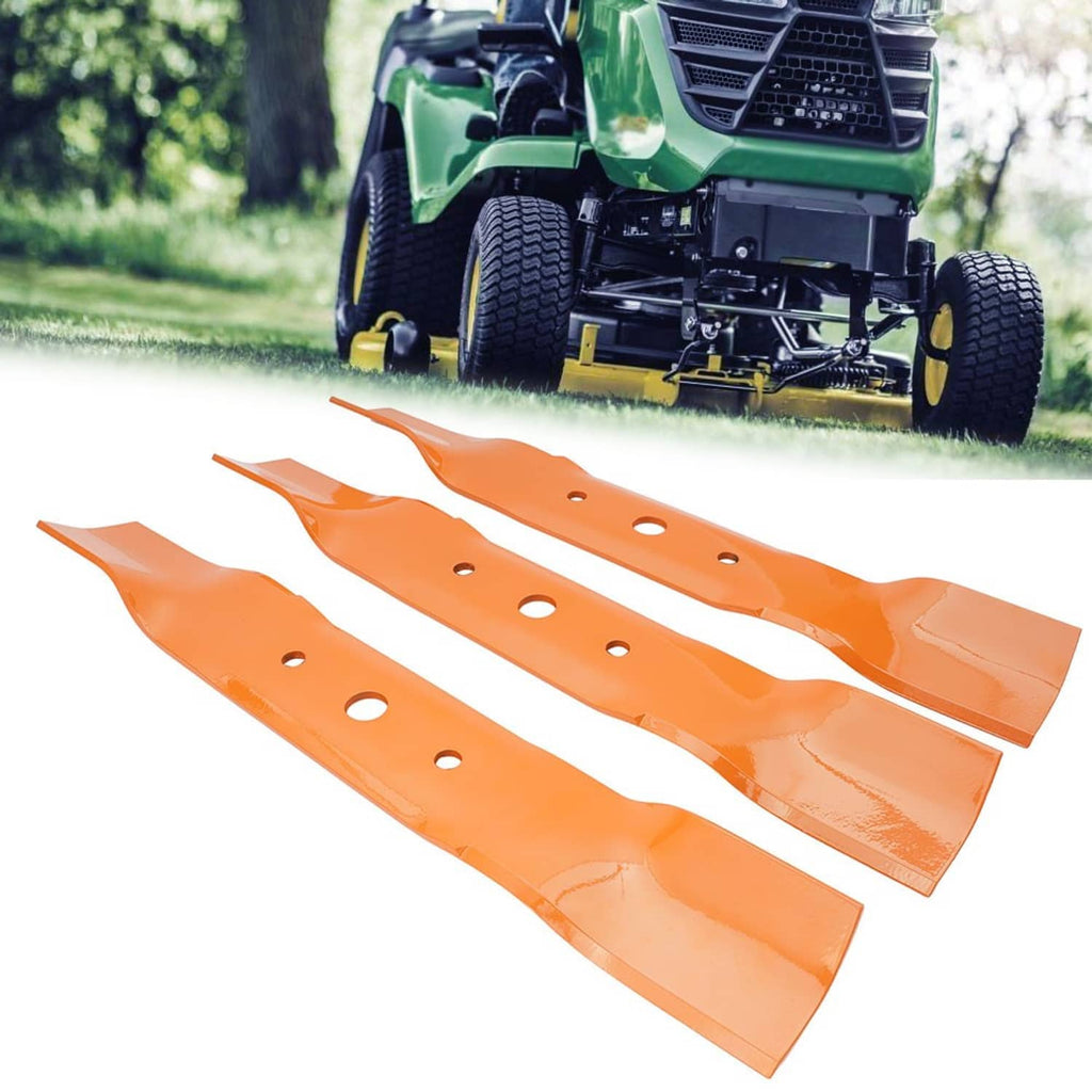 Orange deck blades set in front of a lawn mower, each with mounting holes
