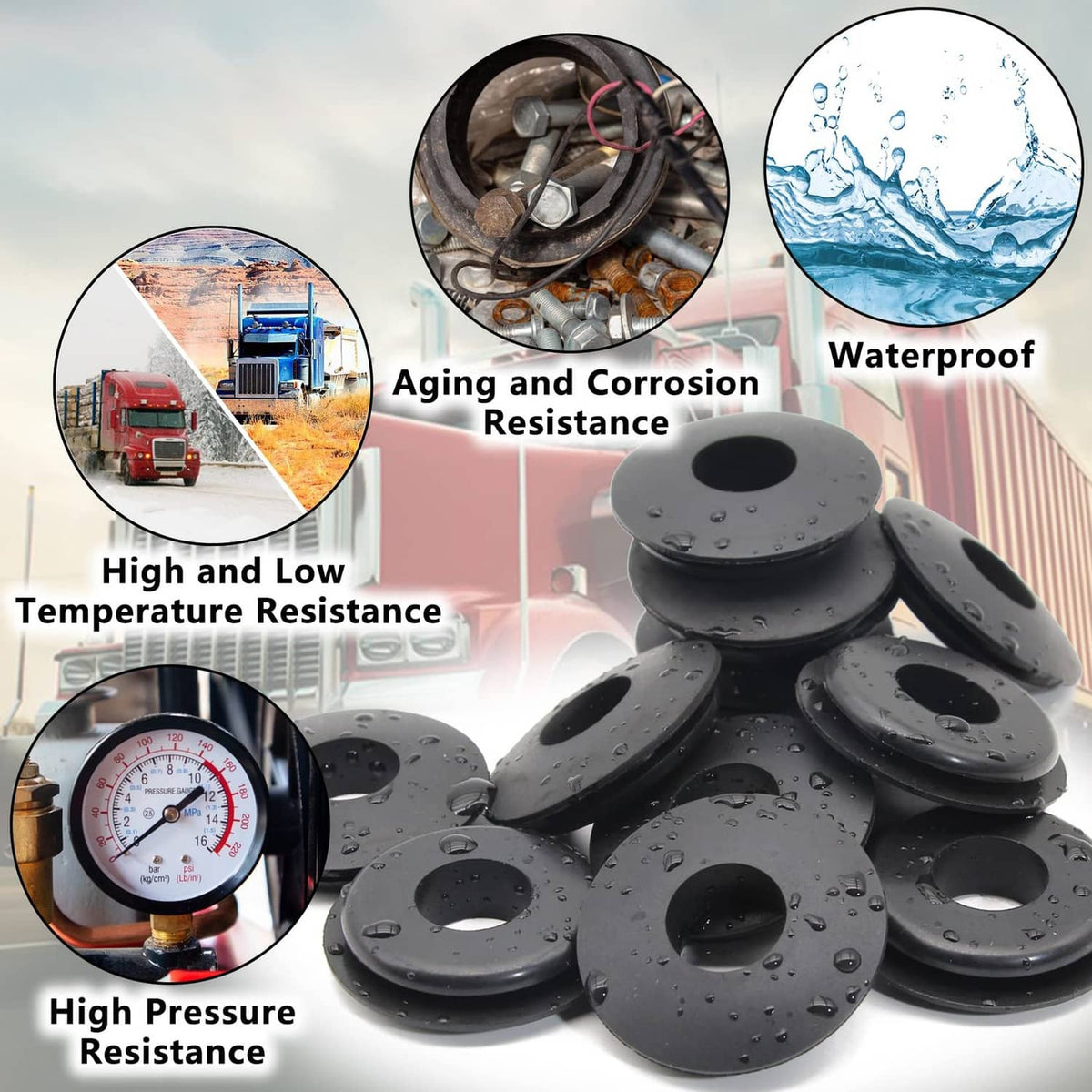 Black rubber glad hand seal gaskets with water droplets, round domed profile