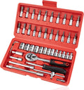 Open red socket set case showing chrome sockets and black-grip ratchet and extensions
