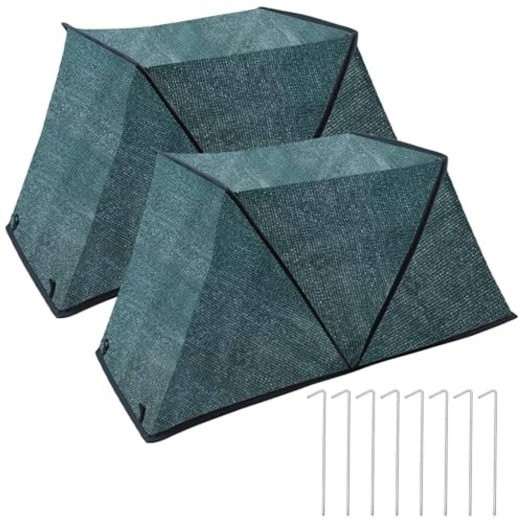 Two foldable plant shade tents, dark green mesh fabric with black edging and stakes