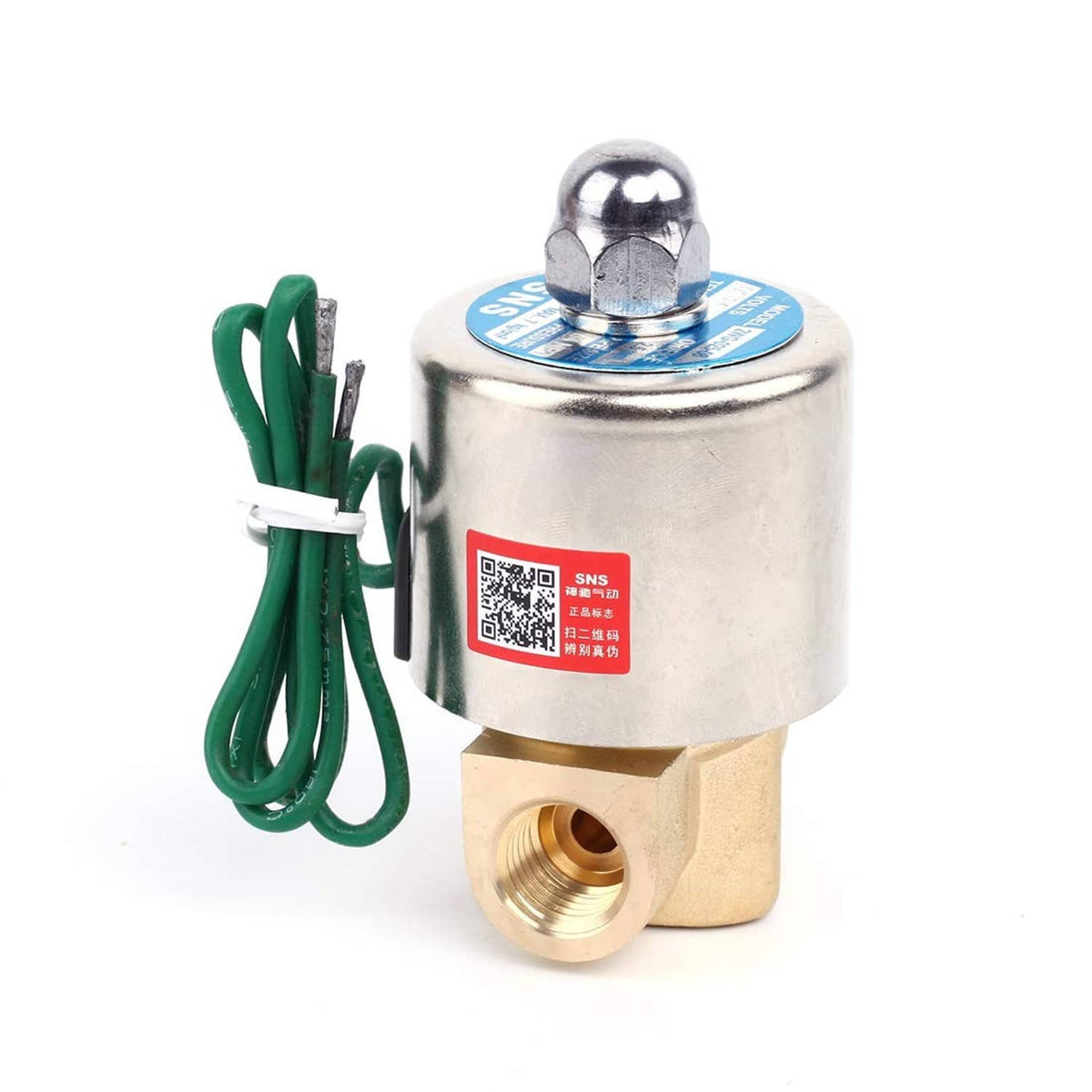 Brass 1/4" NPT solenoid valve with blue label and green electrical leads