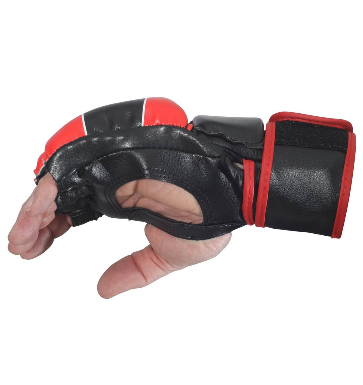 Black boxing glove with red wrist cuff and side padding, open hand