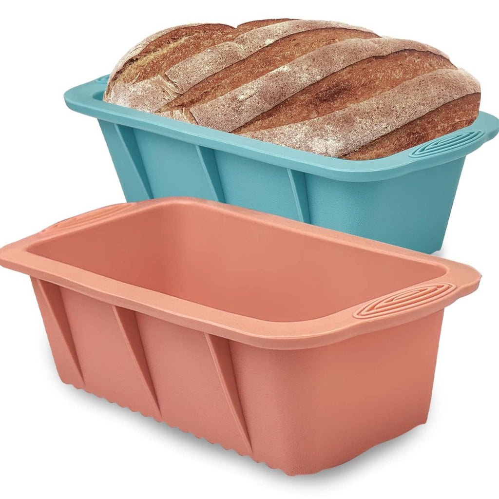 Silicone rectangular bread loaf pans, blue and pink, ribbed sides