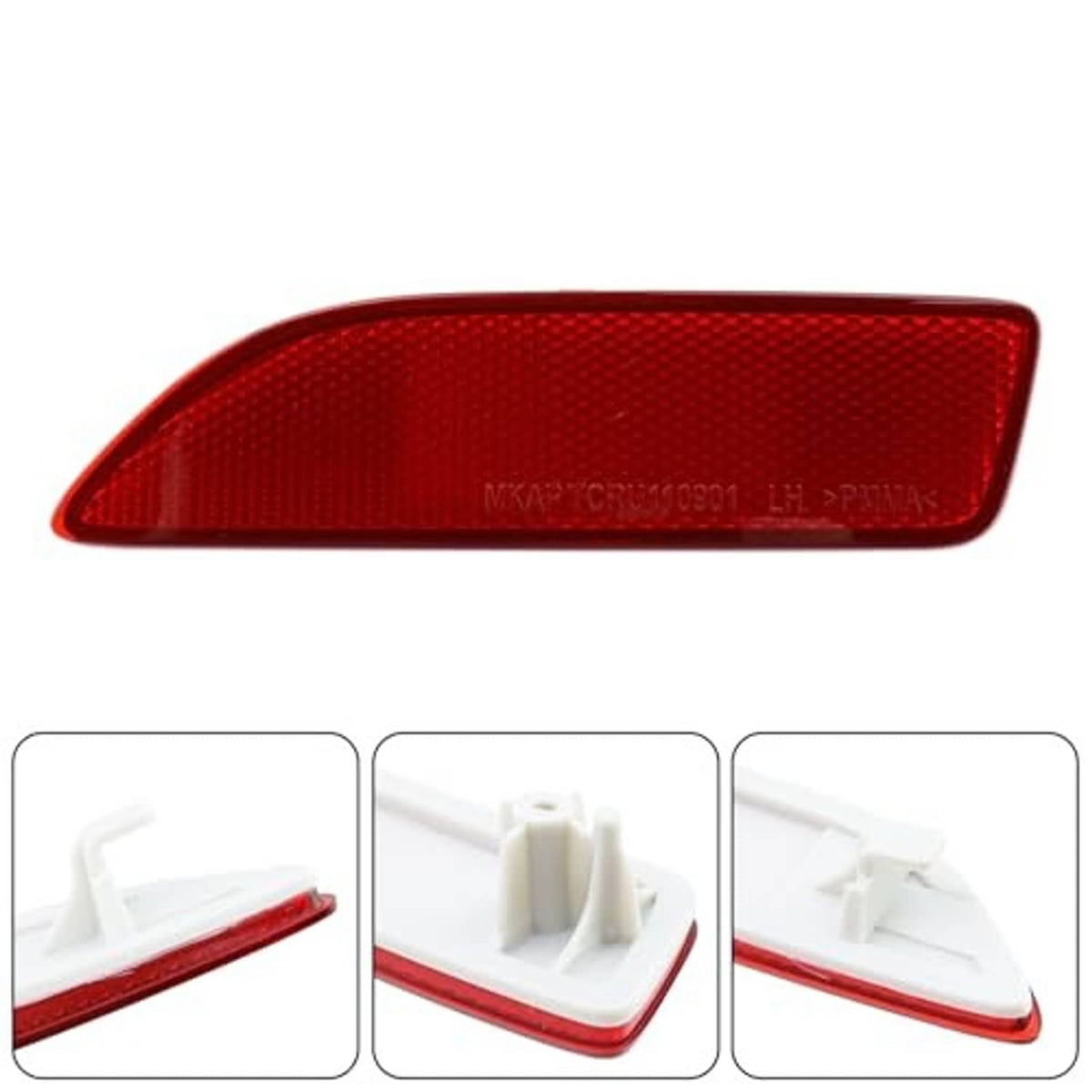 Red rear bumper reflector lens cover, curved shape with fine texture