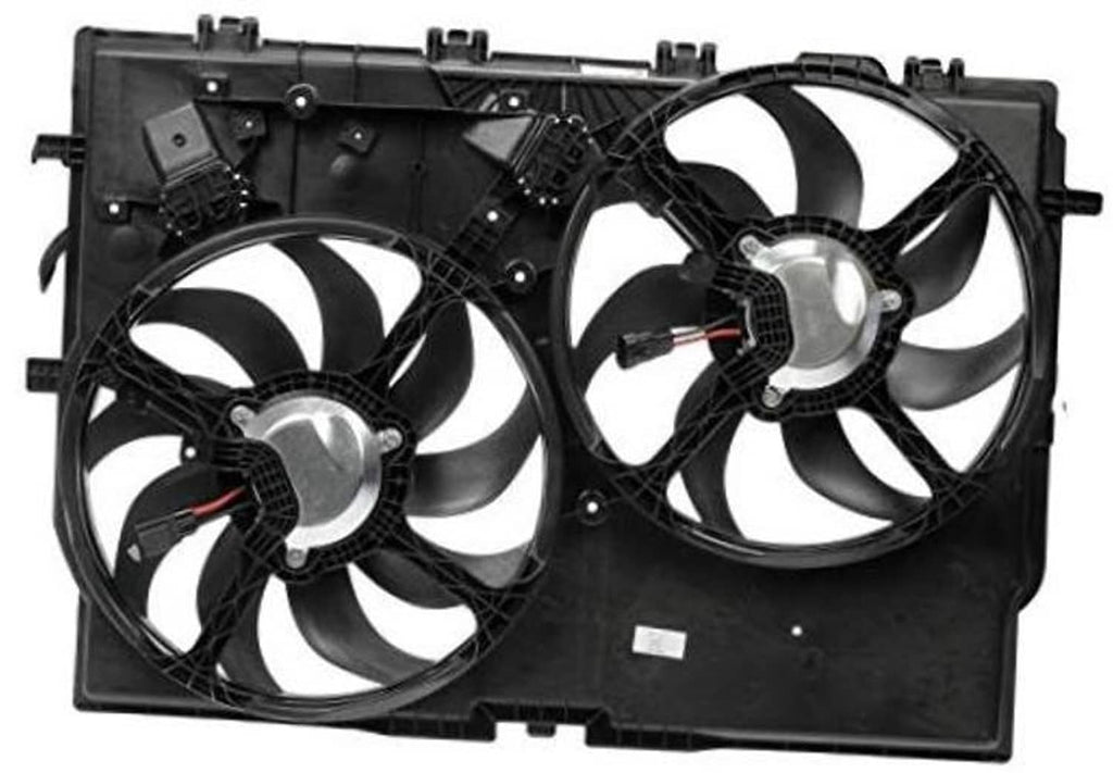 Engine cooling fan assembly with two black-blade radiator fans and metal mounting brackets
