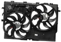 Engine cooling fan assembly with two black-blade radiator fans and metal mounting brackets