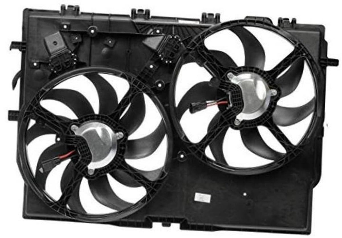 Engine cooling fan assembly with two black-blade radiator fans and metal mounting brackets