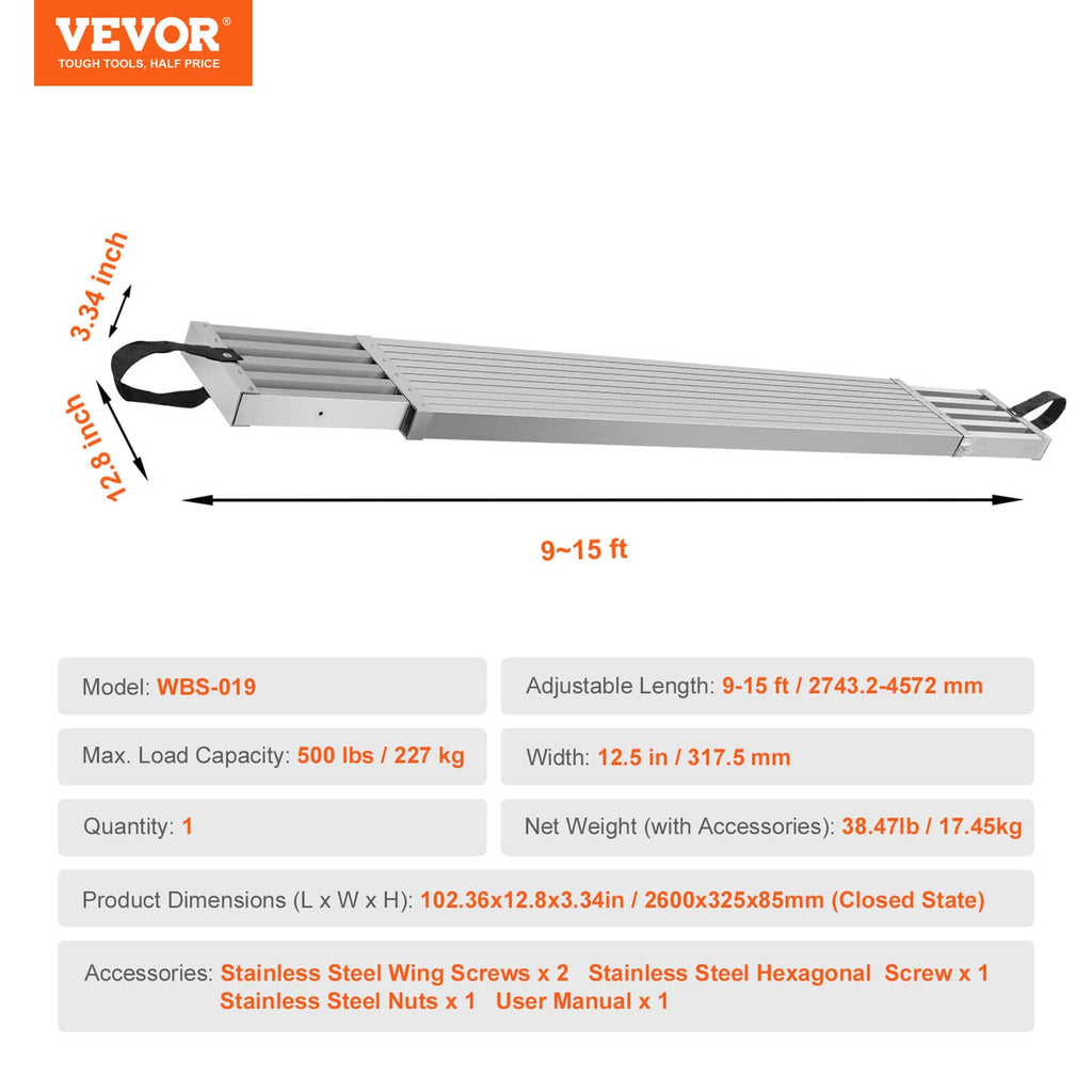 Adjustable aluminum scaffold plank with black strap handles, 9 to 15 ft range