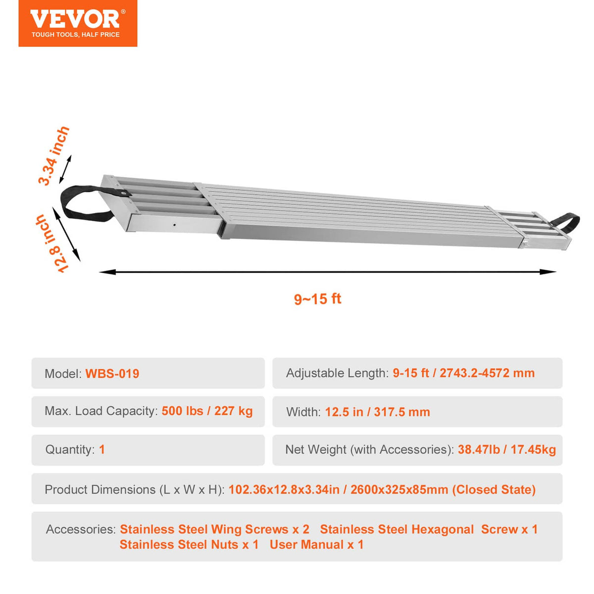 Adjustable aluminum scaffold plank with black strap handles, 9 to 15 ft range