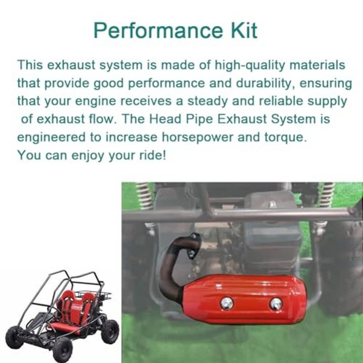 Go-kart exhaust muffler performance kit with black exhaust pipe and red muffler heat shield