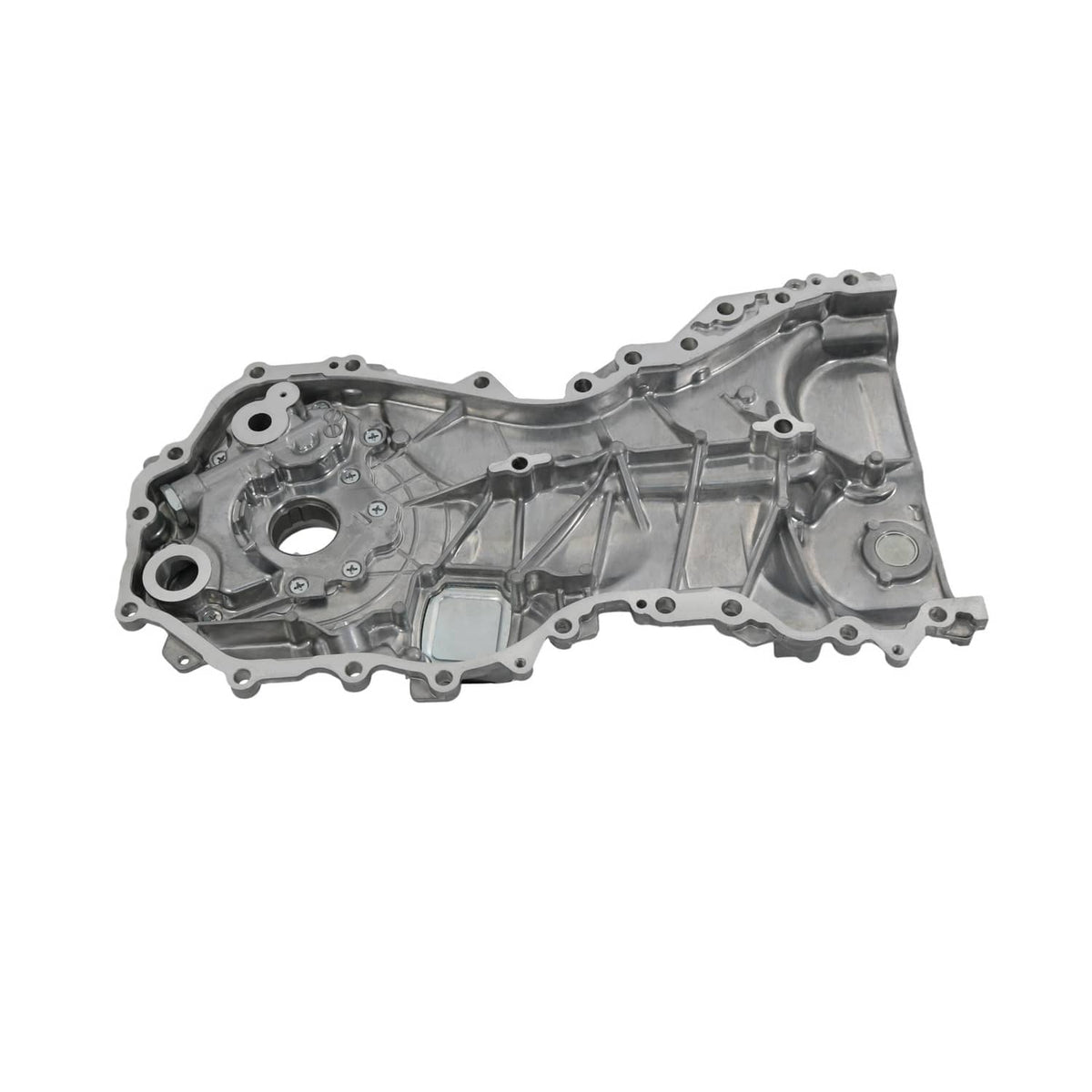 Oil pump assembly housing with molded channels and multiple mounting holes