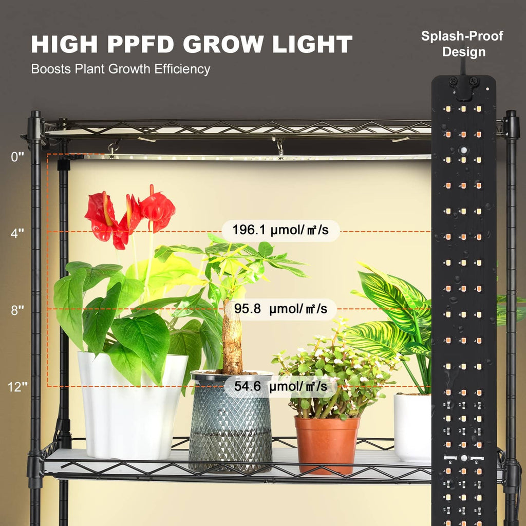 Black plant grow light bar array on side of 4-tier shelf for high PPFD lighting