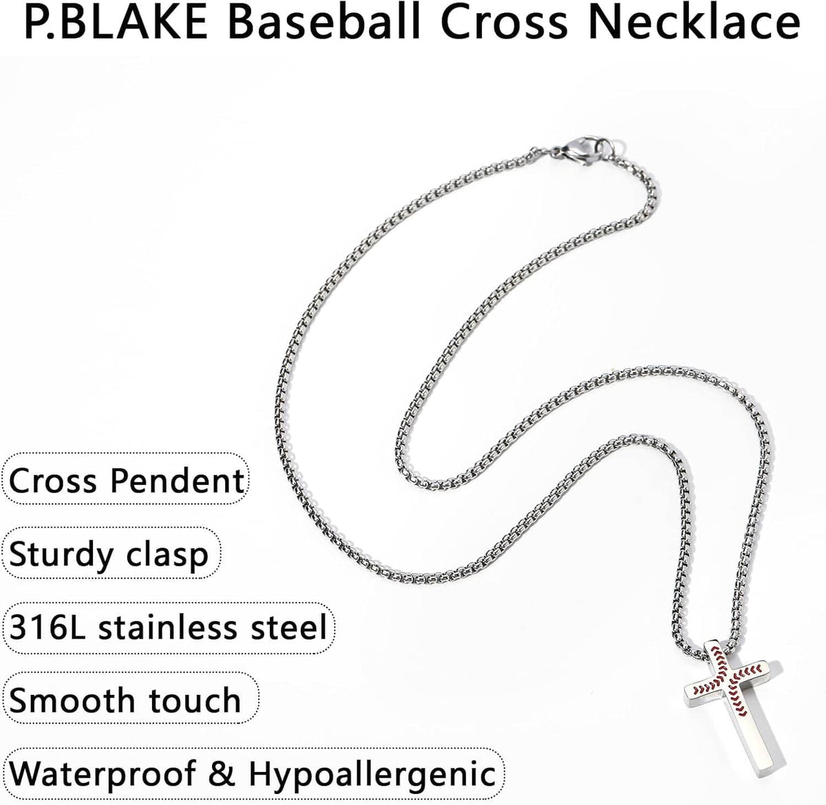 Silver baseball cross pendant necklace with linked chain on a flat lay