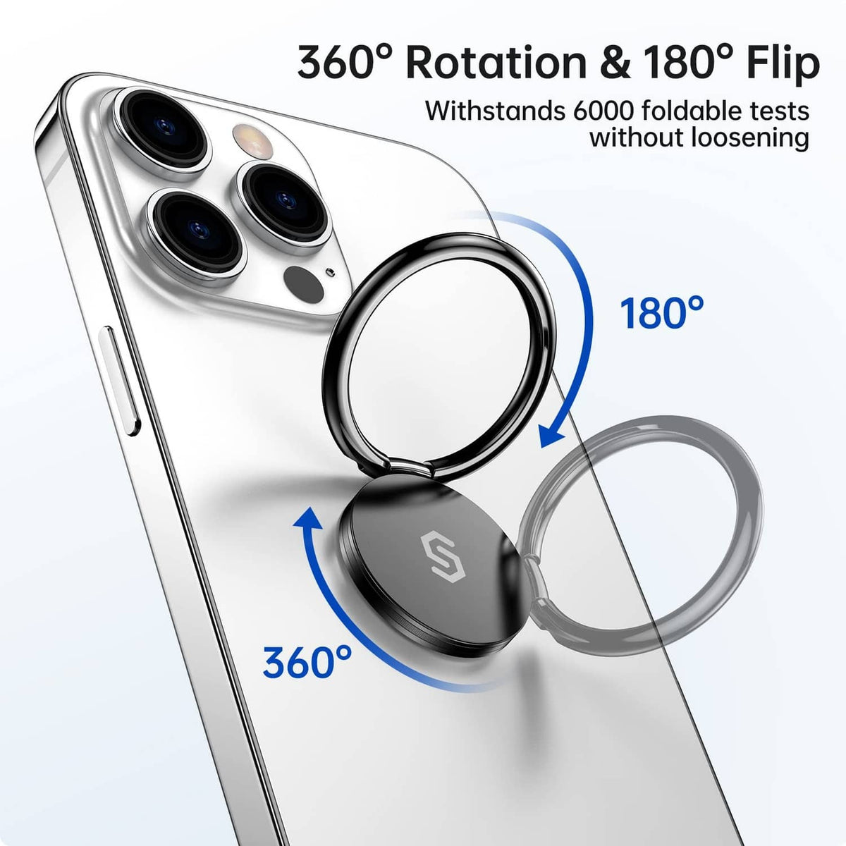 Black 360° rotating phone finger ring holder stand attached to phone back