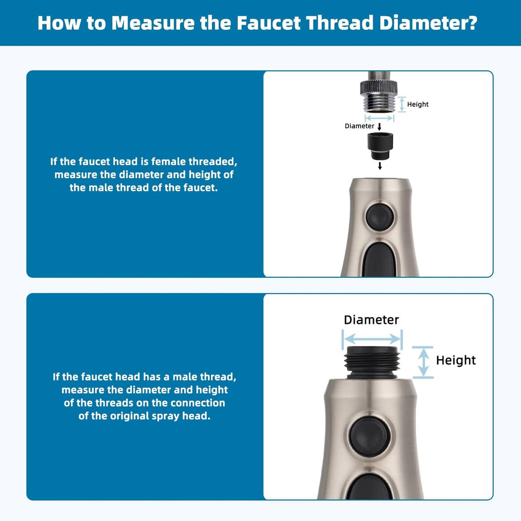 Brushed nickel pull-down faucet sprayer head with measurement view and black control buttons