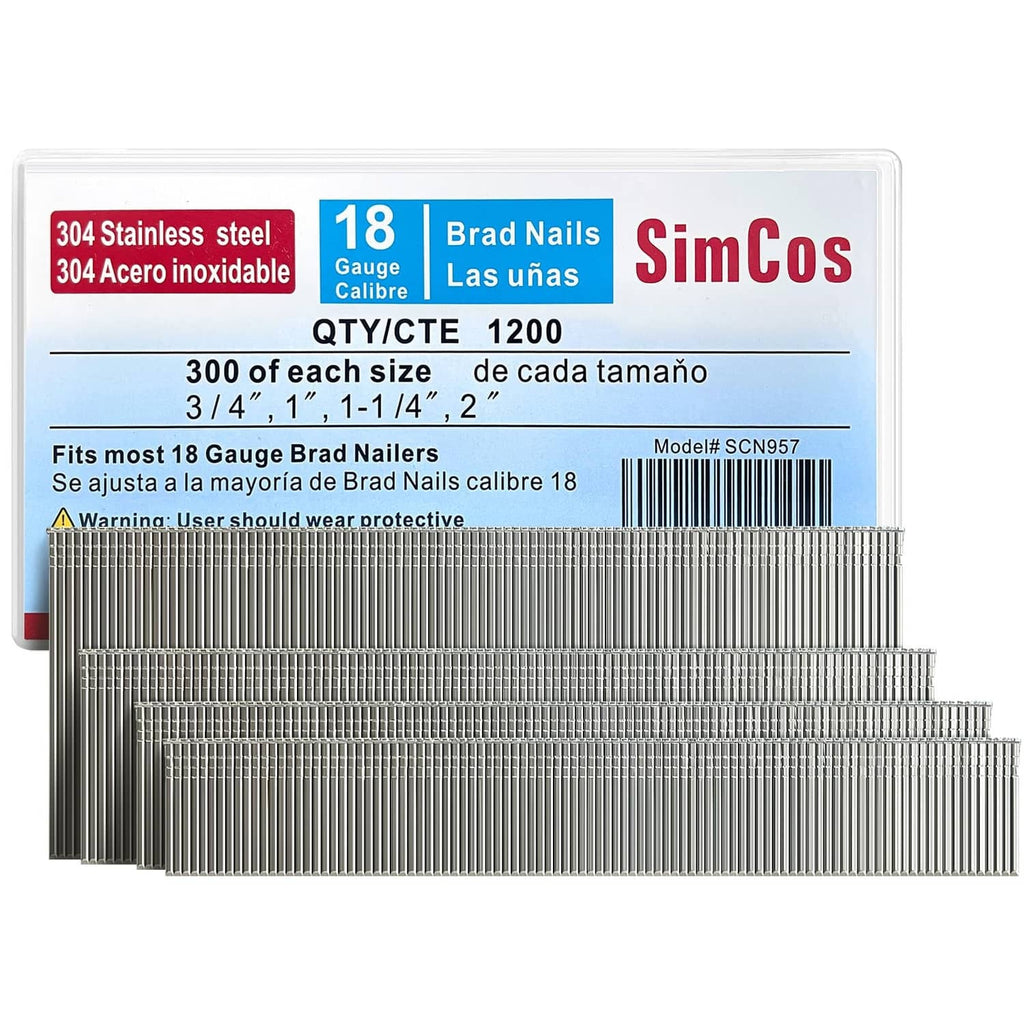 304 stainless steel brad nails in a clear plastic storage box with nail strips