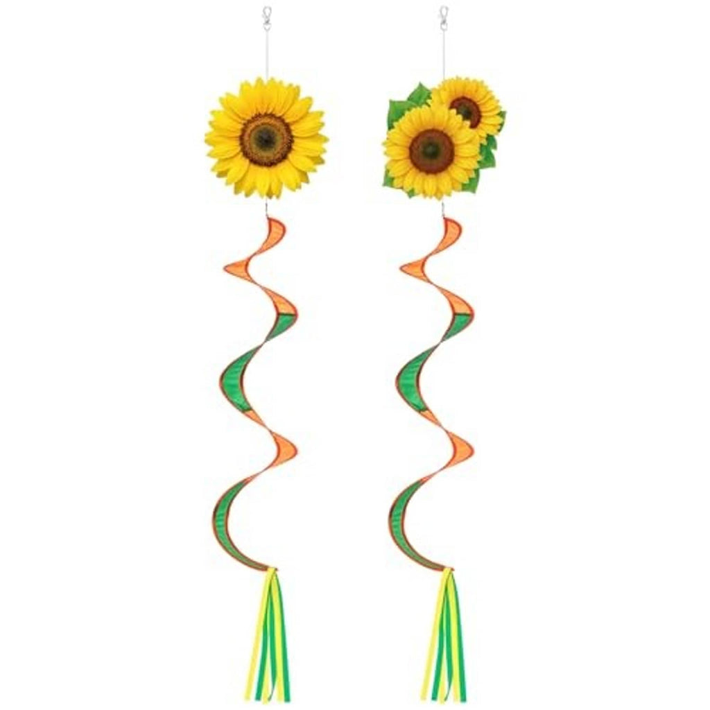 Two sunflower windsock hangings with orange and green spiral ribbons and tassel ends