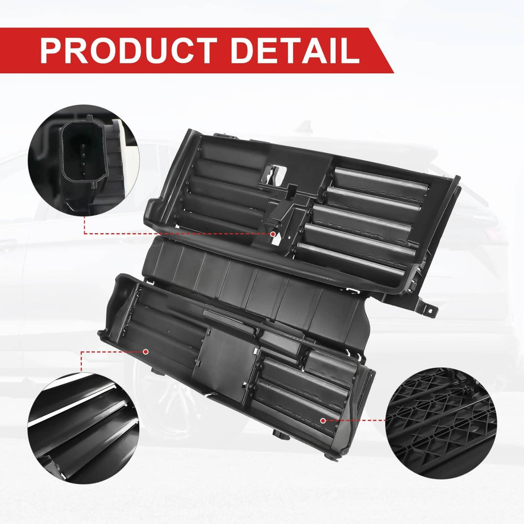 Active grille shutter motor assembly, black shutter panels with connector and detail views