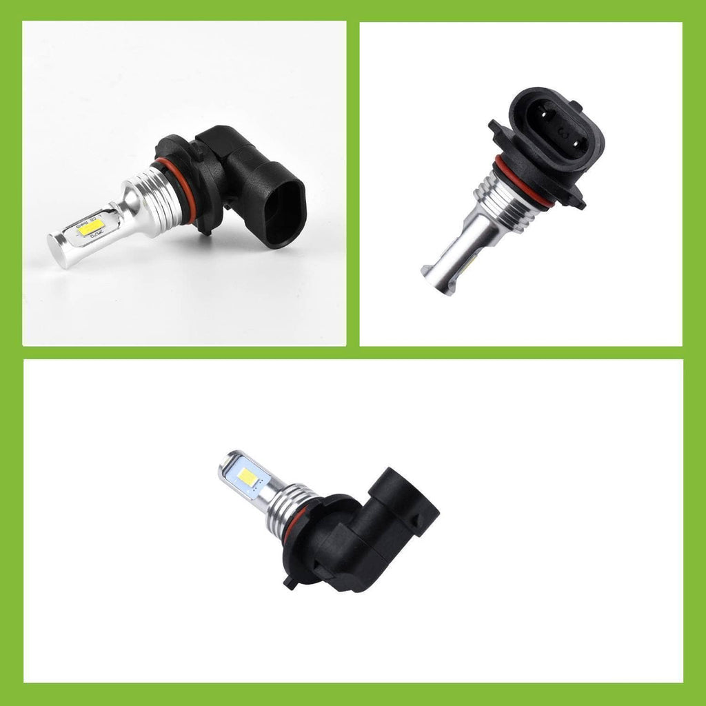 LED headlight bulb with metal base and black housing, angled close-up views