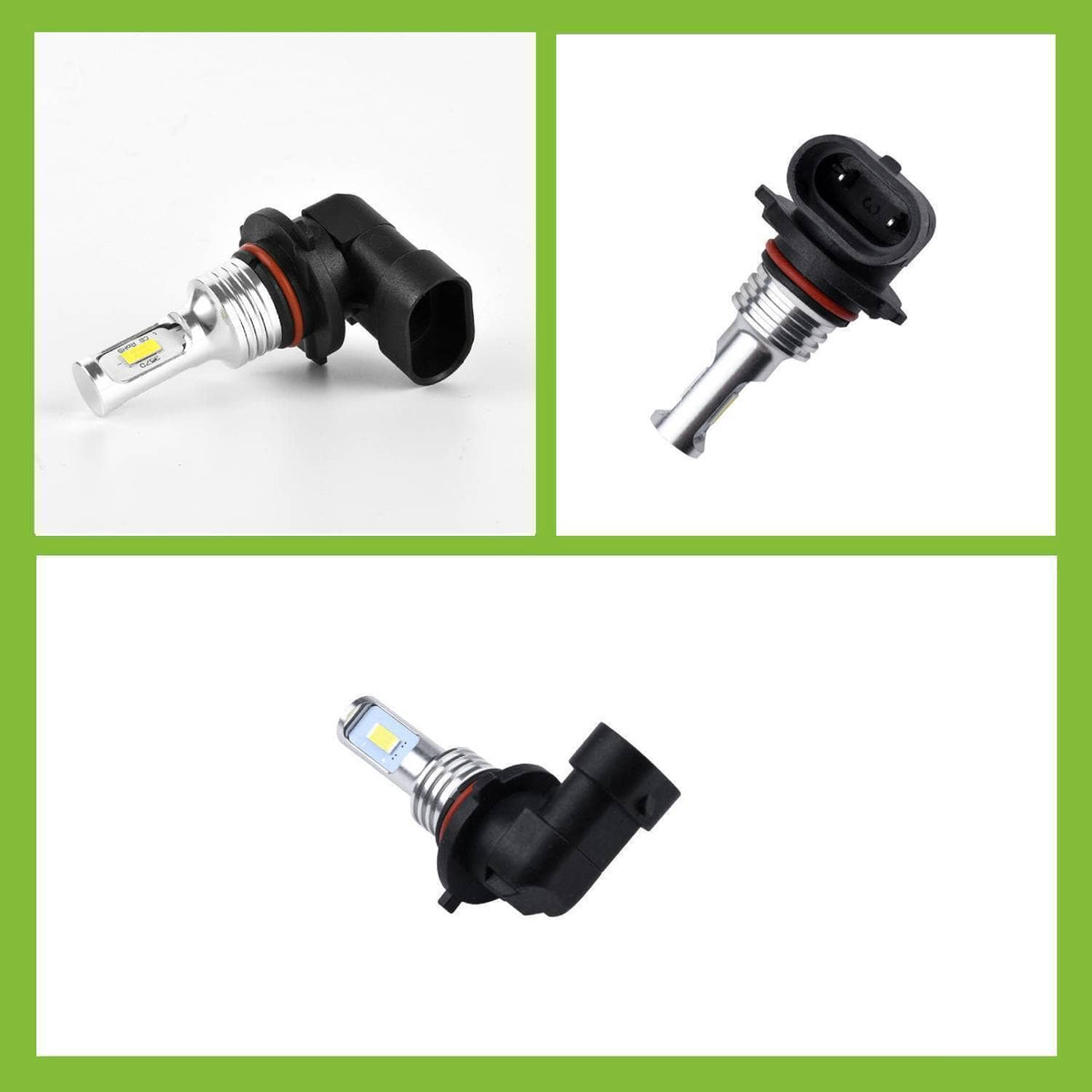 LED headlight bulb with metal base and black housing, angled close-up views