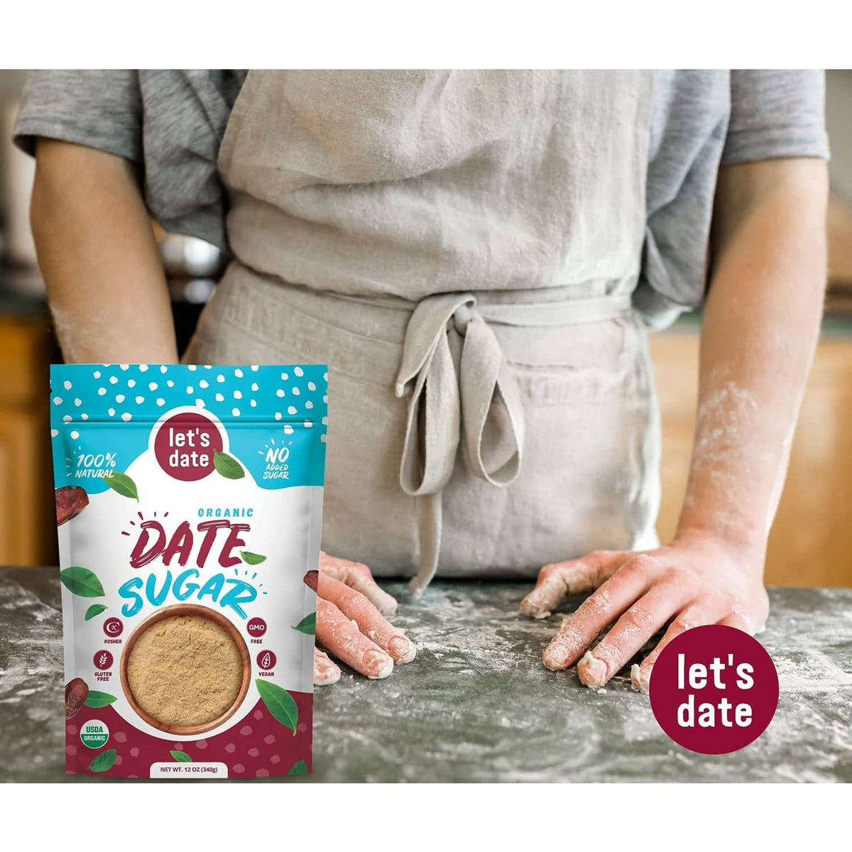 Organic date sugar pouch held beside spoonful powder on countertop