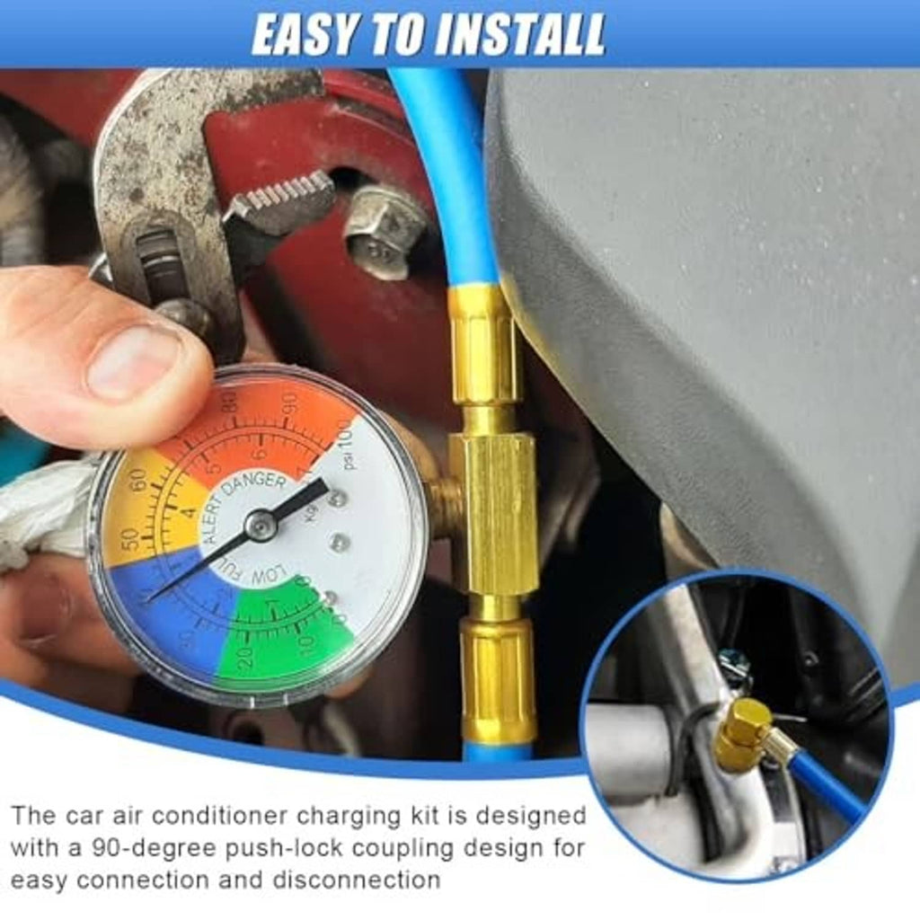 Car AC charging hose kit with gauge and gold quick coupler near engine parts