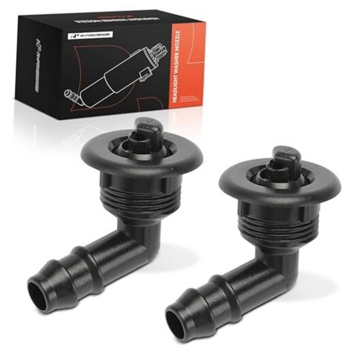 Headlight washer nozzle set with two black front fittings and hoses