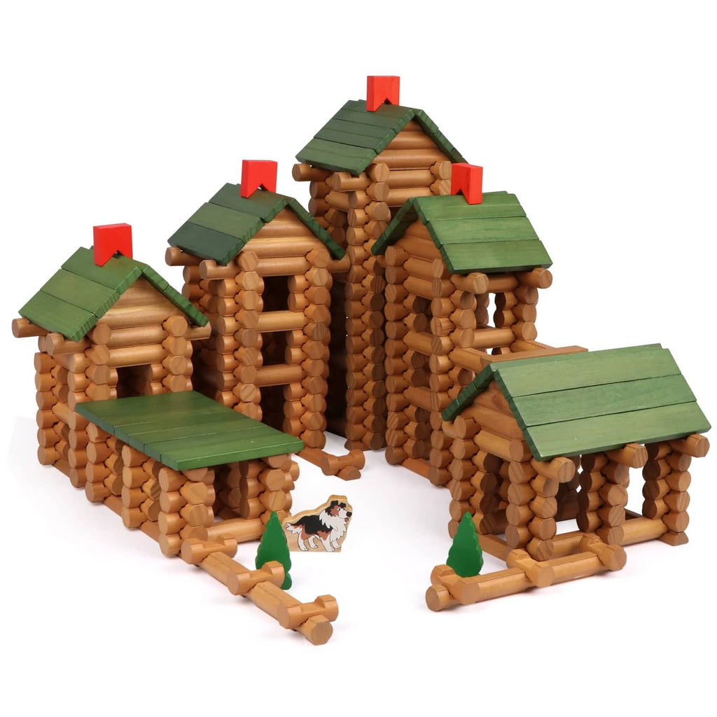 Wooden log building set with brown log houses and green roofs, red chimney accents