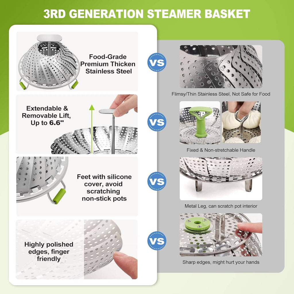 Stainless steel steamer basket with perforated sides and green silicone foot grips