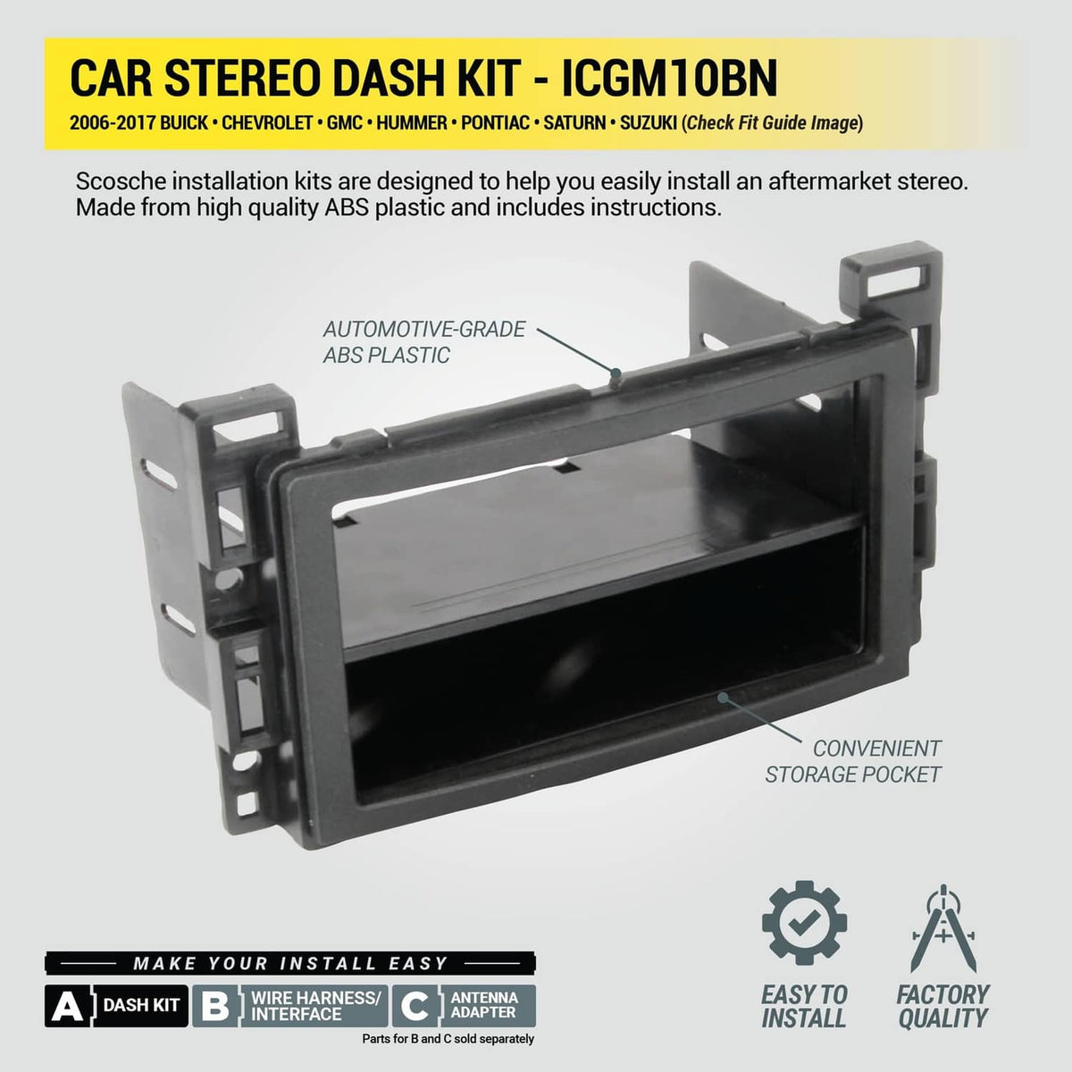 Black car stereo dash kit frame with storage pocket for single/double DIN radios