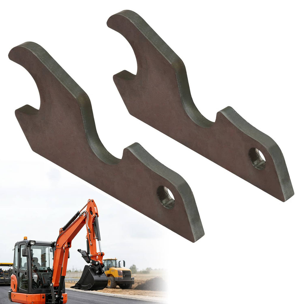 Bucket ear attachment pair with curved top cutouts and round mounting holes, steel dark finish