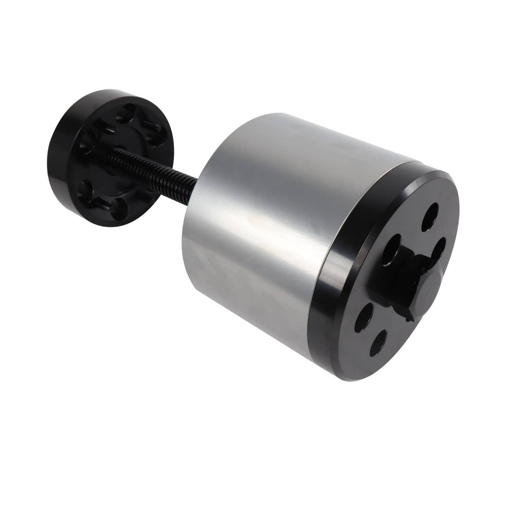 Bushing installation tool with steel sleeve, black plate, and threaded rod