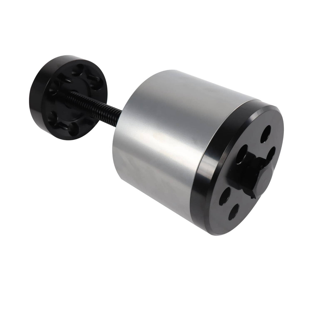 Bushing installation tool with steel sleeve, black plate, and threaded rod