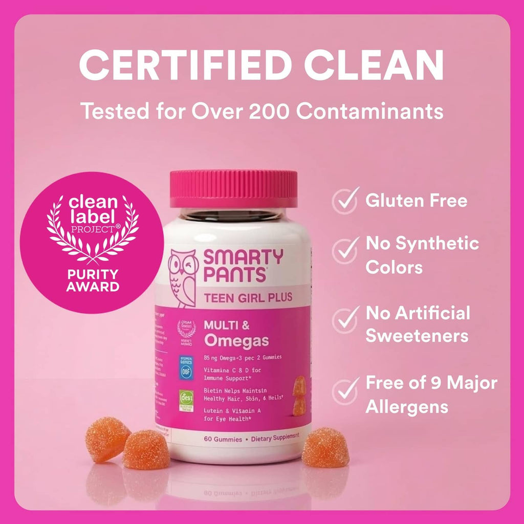 Pink multivitamin bottle with purple cap and certification icons for clean label claims.