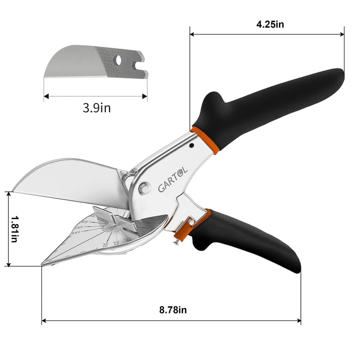 Adjustable miter shears with black handles and silver miter cutting blade.