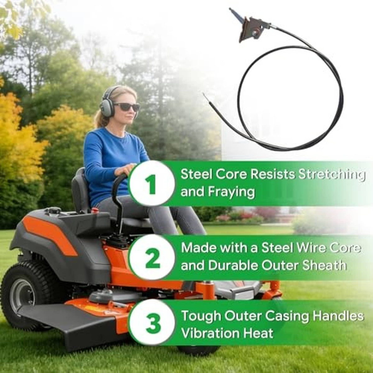 Black throttle cable loop with silver metal bracket shown above an orange riding mower